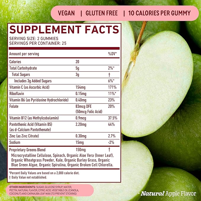8Greens Supergreens Gummies | Super Greens Powder Superfood Gummy for Metabolism, Immunity & Focus, Digestive Health Enzymes, Organic: Chlorella, Spirulina, Aloe Vera, Apple Flavor, 100 Count