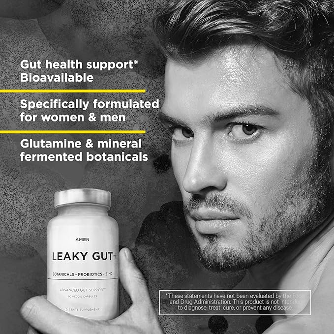Amen Leaky Gut Supplement - Advanced Formula with Bioavailable L Glutamine, Zinc, Turmeric, DGL Licorice Root - Marshmallow Root - Probiotics & Fermented Prebiotics - Vegan, Non-GMO - 2-Pack