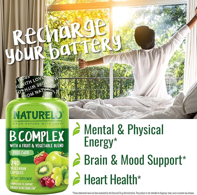 NATURELO B Complex - Whole Food Complex with Vitamin B6, Folate, B12, Biotin - Supplement for Energy and Stress - High Potency - Vegan - Vegetarian - Non GMO - Gluten Free - 240 Capsules