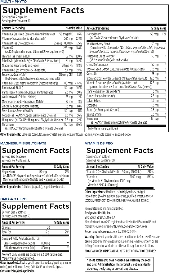 Vitamin Packs - NSF Certified for Sport Power Pack with Daily Multivitamin, Fish Oil Omega-3, Magnesium Glycinate & Vitamin D3 + K - Professional Workout Supplements (30 Packets)