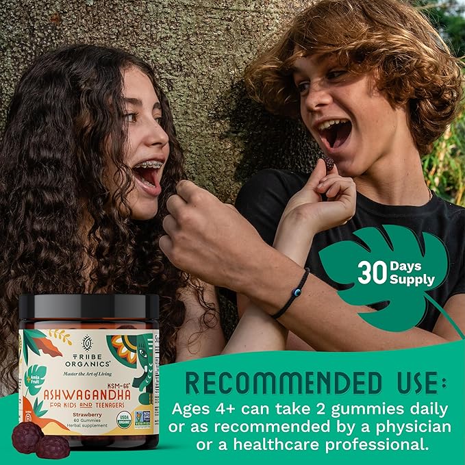 Ashwagandha KSM-66 Gummies for Kids & Teens - Pure Organic Root Extract Ayurvedic Supplement Gummy - Focus Mood Support Increase Energy Strength 600mg of Natural KSM66 for Superior Absorption
