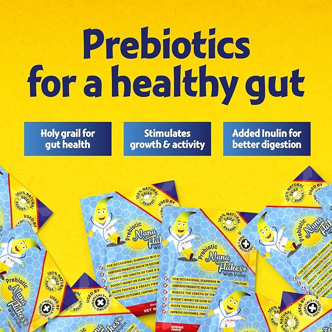 Nutritional Designs, Prebiotic Nana Flakes with Inulin, 100% Pure Banana Flakes, Gut Health, High Protein & Fiber, Natural Diarrhea Remedy, IBS Relief, for Adults & Kids 4+ (25 Single-Serve Packs)