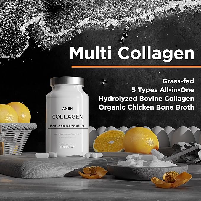 Amen Multi Collagen Peptides Capsules with Hyaluronic Acid and Vitamin C - 5 Types of Collagen Protein Type I, II, III, V, X - Grass Fed Hydrolyzed - 18 Amino Acids - Collagen Supplement - 90 Pills