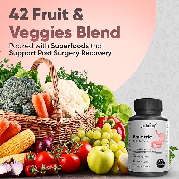 Bariatric Multivitamin with Iron - Easy-to-Swallow Capsule for Post Bariatric Surgery - Post Sleeve and Post Bypass with 42 Fruit & Veggies Blend - 60 Liquid Capsules - 1 Months’ Supply