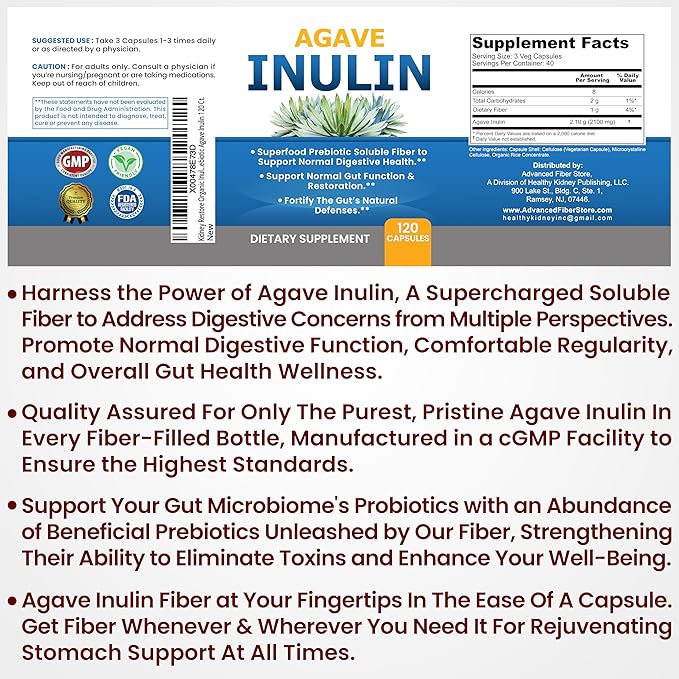 Agave Inulin Capsules Digestive Support Soluble Fiber Prebiotic Agave Inulin 120 Ct.