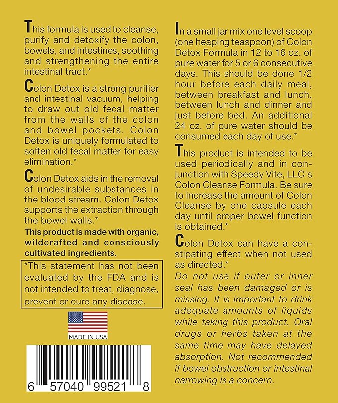 SpeedyVite® Colon Detox Organic Supports Natural Removal of Toxins* Clay Bentonite Charcoal Psyllium Flax Apple Fiber Slippery Elm Fennel 10oz All Natural Powder (2 x 10oz *Value Pack*)
