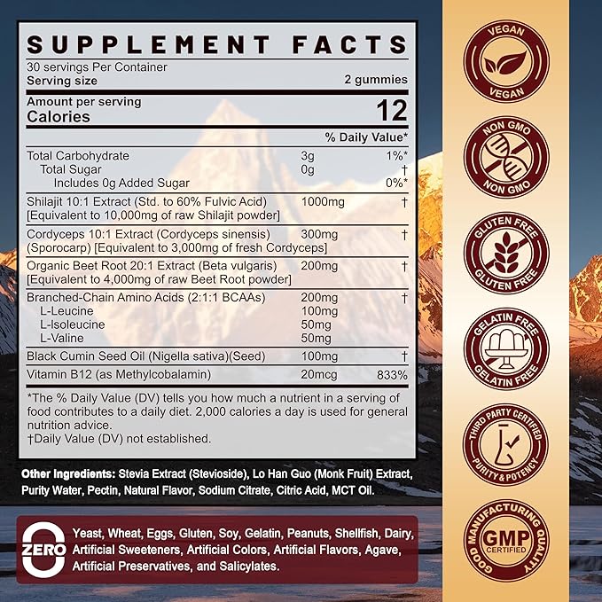 10,000mg Shilajit Gummies for Men & Women, Shilajit Pure Himalayan with Organic Beet Root, BCAA, Cordyceps Mushroom, Black Seed Oil & Vitamin B12, Energy, Muscle, Immune & Brain Health Support, 2-Pack