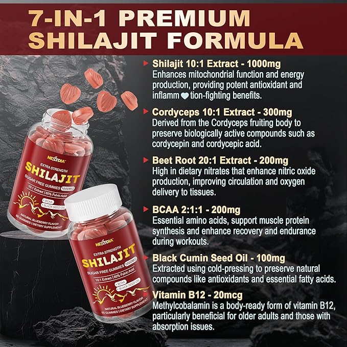 10,000mg Shilajit Gummies for Men & Women, Shilajit Pure Himalayan with Organic Beet Root, BCAA, Cordyceps Mushroom, Black Seed Oil & Vitamin B12, Energy, Muscle, Immune & Brain Health Support, 2-Pack