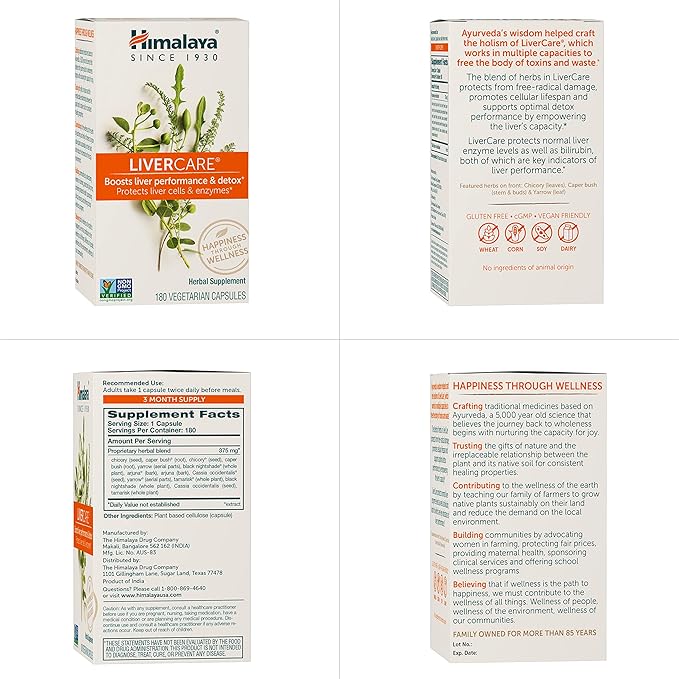 Himalaya LiverCare Herbal Supplement, Liver Cleanse Formula, Liver Support, Bile Production, Eliminates Waste, Vegan, Non-GMO, Herbal Blend Formula, 375 mg, 180 Capsules, 2 Pack, 180 Day Supply