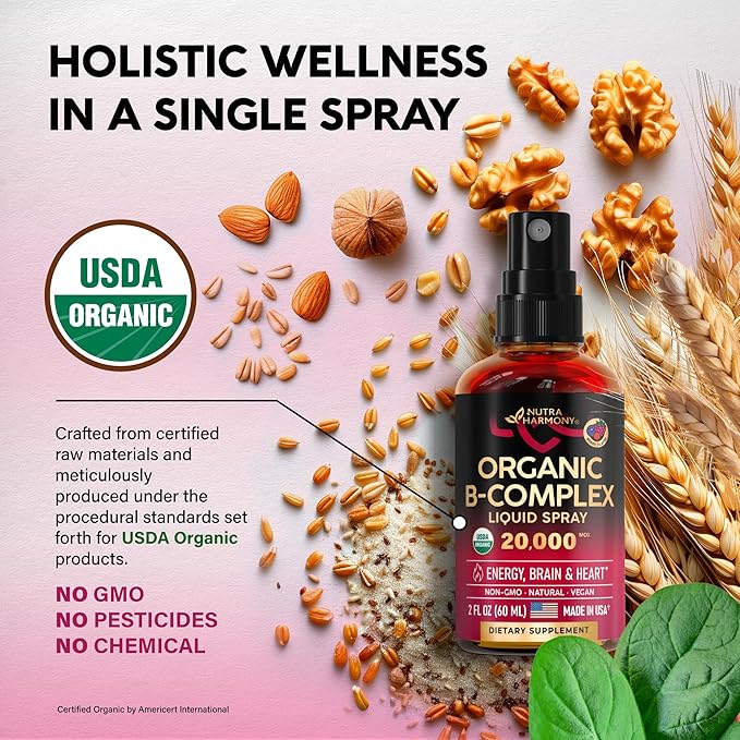 USDA Organic Vitamin B-Complex Liquid Spray 8-in-1 - B5 Pantothenic Acid | B12 Methylcobalamin | B1 Thiamine | B6 Pyridoxine | B7 Biotin | B9 Folic | B3 Niacinamide - Made in USA Supplement, 2fl oz