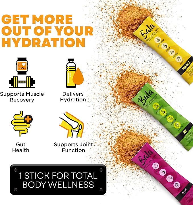 BALA Hydration Turmeric Drink Mix Packet | Sugar-Free Electrolyte Powder, Muscle Recovery, Immune Support, Joint Relief | Plant-Based Enzymes, Bromelain - Variety 1 Count(Pack of 12)