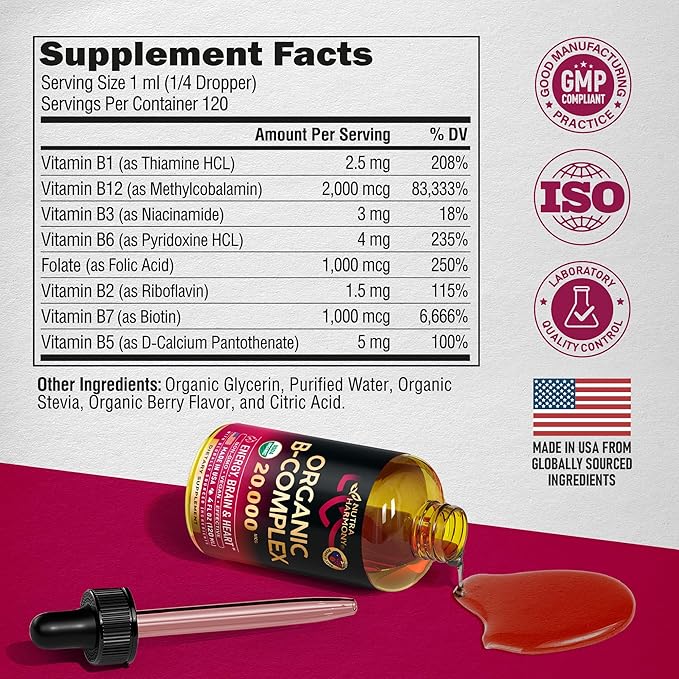 USDA Organic Vitamin B-Complex B5 Pantothenic Acid | B12 Methylcobalamin | B1 Thiamine | B6 Pyridoxine | B7 Biotin | B9 Folic | B3 Niacinamide - B Complex Liquid Drops, Made in USA Supplement, 4fl oz