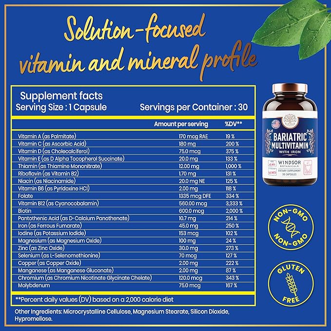 Bariatric Multivitamin with Iron - 45mg Iron Easy to Swallow, One a Day Bariatric Vitamins for Women and Men - Gastric Bypass, Gastric Sleeve Recovery - Bariatric Iron Vitamin Multivitamins - 30 Caps
