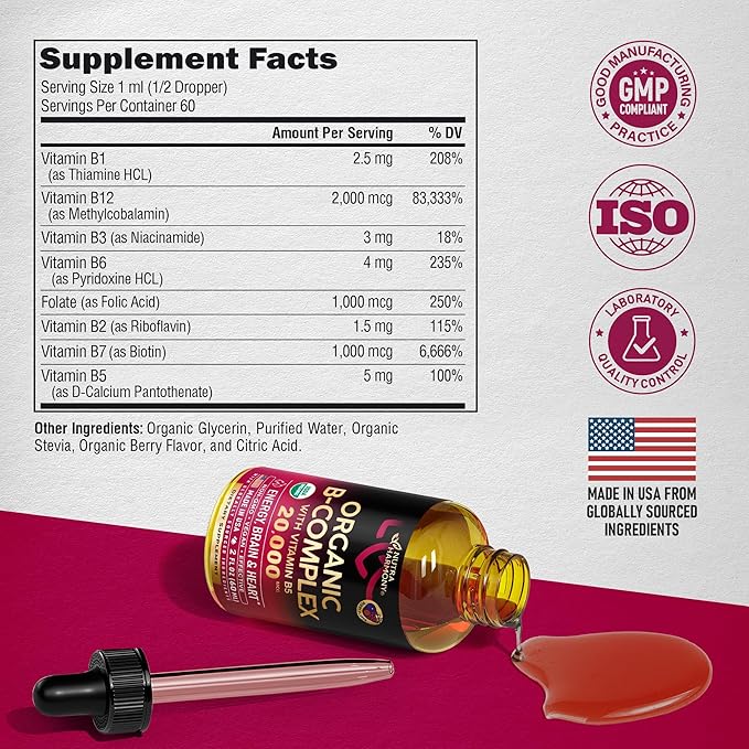 USDA Organic Vitamin B-Complex B5 Pantothenic Acid | B12 Methylcobalamin | B1 Thiamine | B6 Pyridoxine | B7 Biotin | B9 Folic | B3 Niacinamide - B Complex Liquid Drops, Made in USA Supplement, 2fl oz