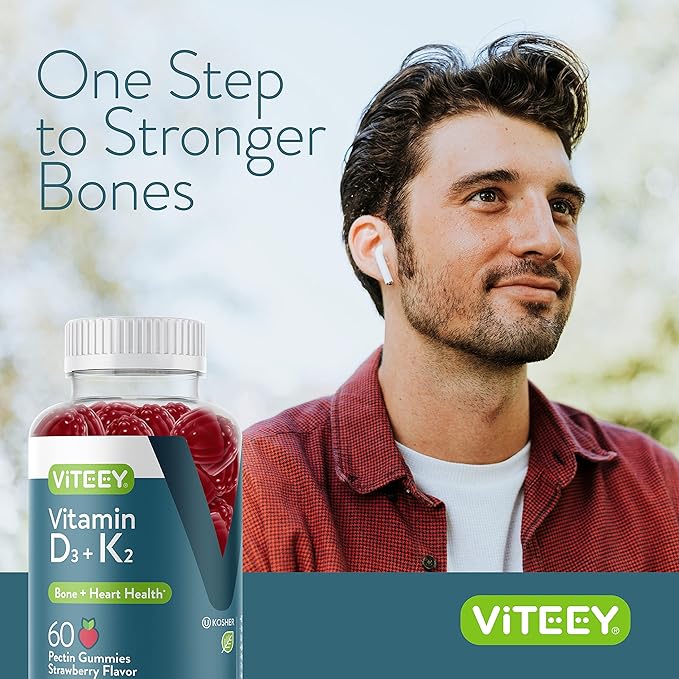 Vitamin D3 K2 Gummies - 1000 IU Vitamin D3 and K2 100mcg - Bone & Heart Health for Adults and Teens - Vegetarian, Gelatin Free, GMO Free - Tasty Chewable D3K2 Vitamins Strawberry Flavored Gummy