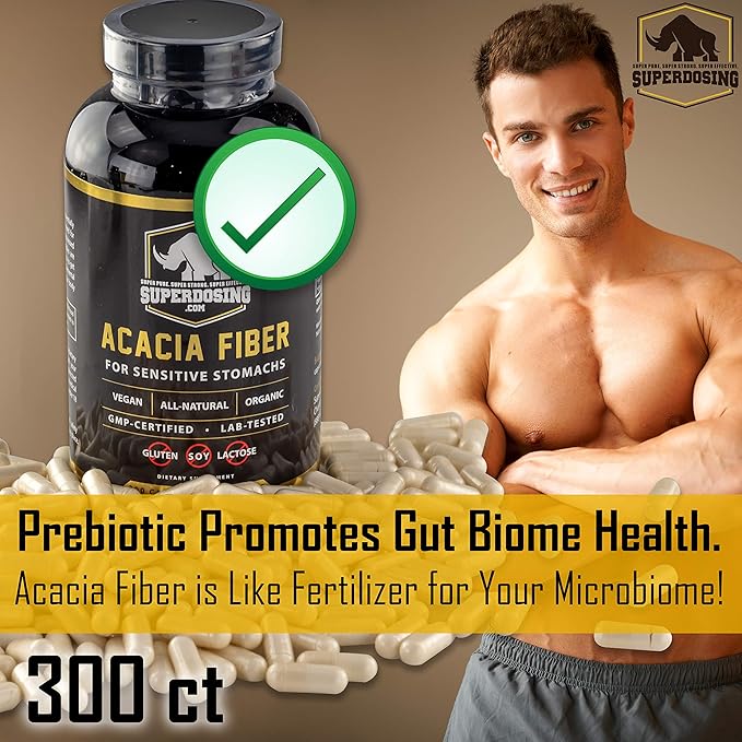 Fast Acting, Organic Acacia Senegal Fiber Capsules 300pk. Natural Soluble Fiber Supplement Pill. Vegan Prebiotic Capsules.