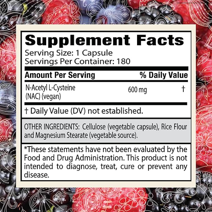N-Acetyl L-Cysteine (NAC) 600mg, 180 Capsules - Non-GMO, Gluten Free