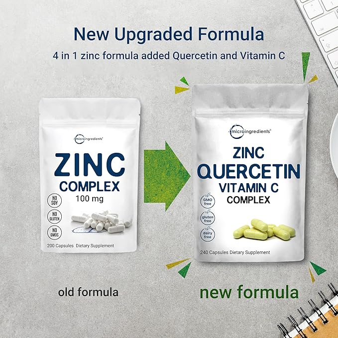 Micro Ingredients Quercetin with Vitamin C and Zinc, 240 Capsules | Quercetin 500mg, Vitamin C 500mg, Zinc 50mg (Picolinate, Citrate, Glycinate, Gluconate) | Complete Immune Support Supplements