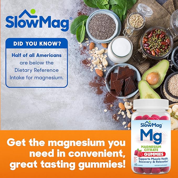 SlowMag Magnesium Citrate Gummies - Supports Muscle Health, Recovery & Relaxation, Natural Berry Flavored, 60 Count