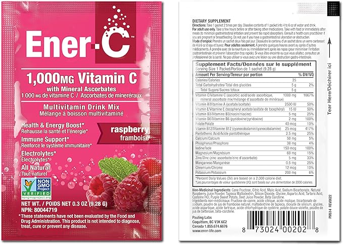 Ener-C Raspberry Multivitamin Drink Mix Powder Vitamin C 1000mg & Electrolytes with Real Fruit Juice Natural Energy & Immune Support for Women & Men - Non-GMO Vegan & Gluten Free - 60 Count