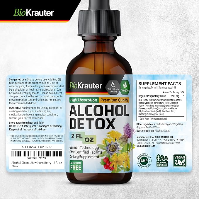 BIO KRAUTER Alcohol Detox Tincture - Liver Cleanse & Detox Formula - Milk Thistle & Dandelion - Liver Support Liquid Extract - Alcohol and Sugar Free - Vegan Liver Detox Drops 2 Fl.Oz.