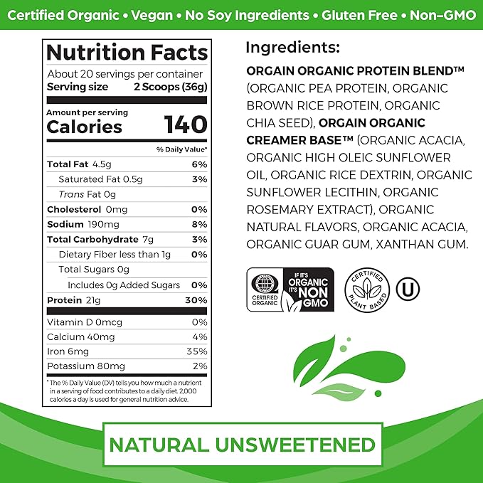 Orgain Organic Vegan Protein Powder, Natural Unsweetened - 21g of Plant Protein, 4g Prebiotic Fiber, Low Net Carbs, No Lactose Ingredients, No Added Sugar, Non-GMO, For Shakes & Smoothies, 1.59 lb