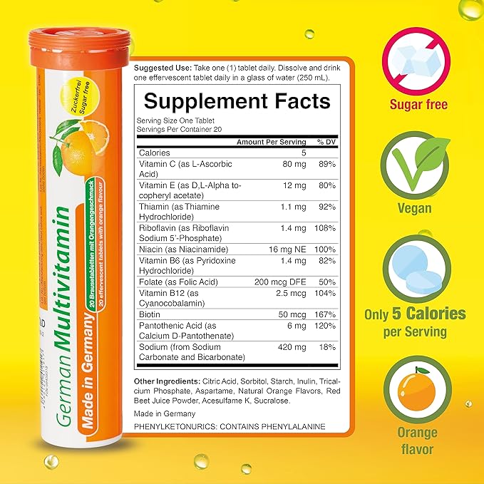 T&D German Multivitamin Drink Effervescnet Tablets 60 Servings Orange Flavour - Vitamin C, E, B1, B2, B6, B12, Biotin, Folic Acid, Niacin, Pantothenic Acid Pharma – Made in Germany