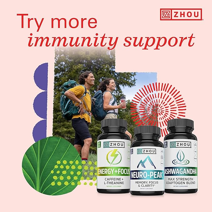 Zhou Thyroid Support Complex with Iodine Supplement, Increase Energy, Fight Brain Fog with Vitamin B12, Iodine, Magnesium, Zinc, Selenium, No Soy, Gluten-Free, 30 Servings, 60 Caps