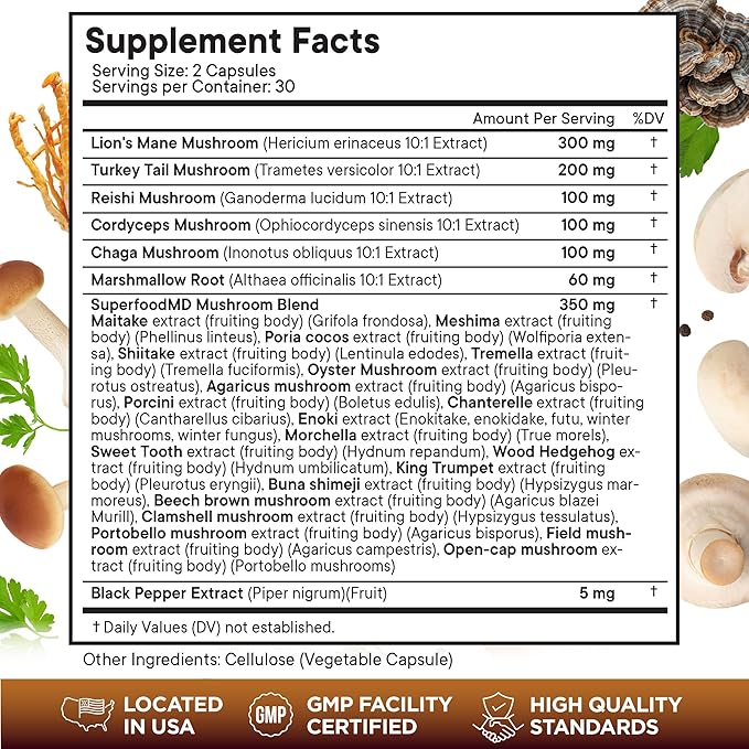 Lions Mane 3000mg 20in1 Mushroom Supplement with Turkey Tail 2000mg Reishi 1000mg Cordyceps Chaga 1000mg with Marshmallow Root - 60 Count