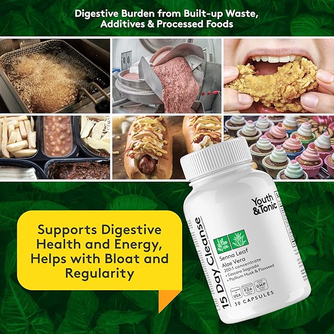 Youth & Tonic 15 Day Colon & Kidney Cleanse – Full Body Detox Pills for Bloating, Gut, Bladder, Urinary Tract & Kidney Flush Support – Senna & Cranberry Herbal Supplement, 60 Pills for Men & Women