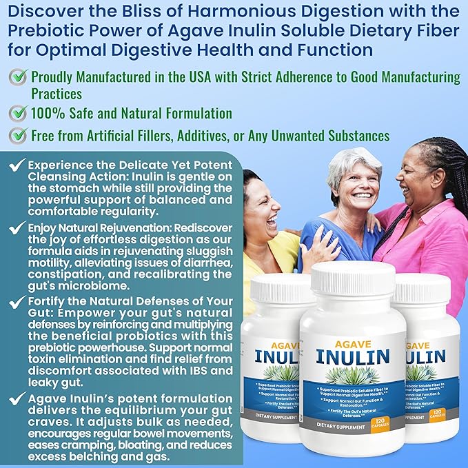 Agave Inulin Capsules Digestive Support Soluble Fiber Prebiotic Agave Inulin 120 Ct.