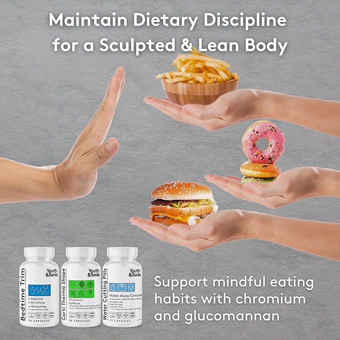 Youth & Tonic Shred Sculpt Lean 3 x Diet Pills w Water Weight Away & Cortithermo Shape & Bedtime Trim as Support for Metabolism Energy Cravings Water Retention Loss & Belly Bloating for Women & Men