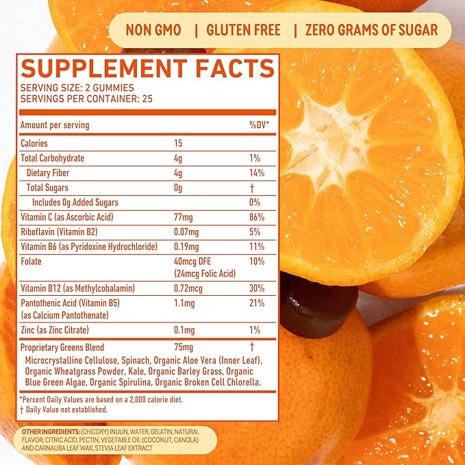 8Greens Fiber Super Greens Gummies | Fiber, Gut Health, Metabolism. Digestive Health, Boost Immune System & Digestive Health with 8 Real Greens - Non-GMO Formula, Gummy, Tangerine Flavor, 50 Count