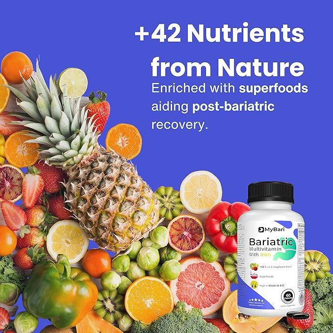 All-in-One Bariatric Multivitamin with Iron - Made in USA - for Men & Women - Supports Gastric Sleeve & Bypass with 42+ Fruit & Veggie Blend - 60 Liquid Capsules