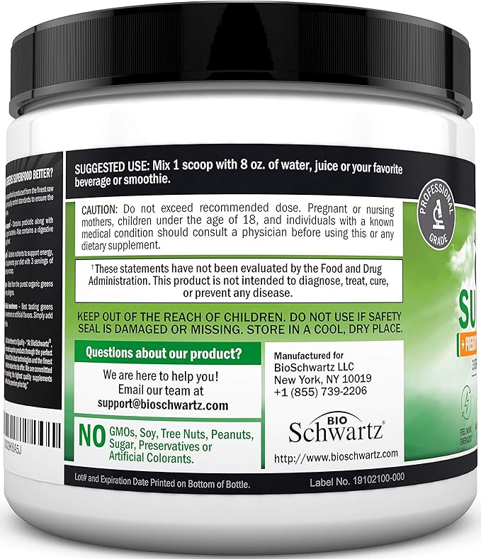Super Greens Powder Superfood - Greens Powder with Probiotics Prebiotics Digestive Enzymes and 43 Green Superfoods - Chlorophyll Bilberry Chlorella Spirulina Grass - Tastes Amazing - 30 Servings