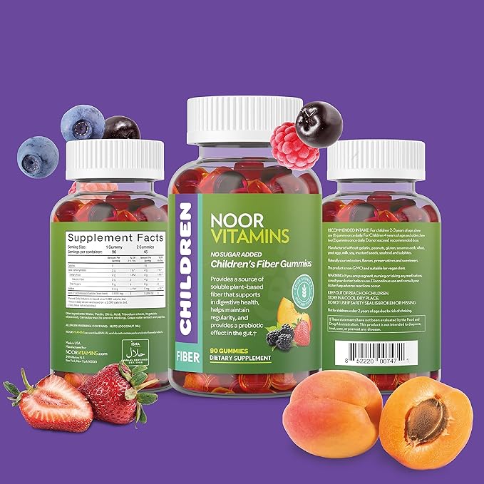 Noor Vitamins Halal Children Fiber Gummy with Prebiotic Plant Based Fiber; Sugar Free, Non-GMO, Gluten Free, Vegan Friendly Gelatin Free Halal Vitamins - 90 Count