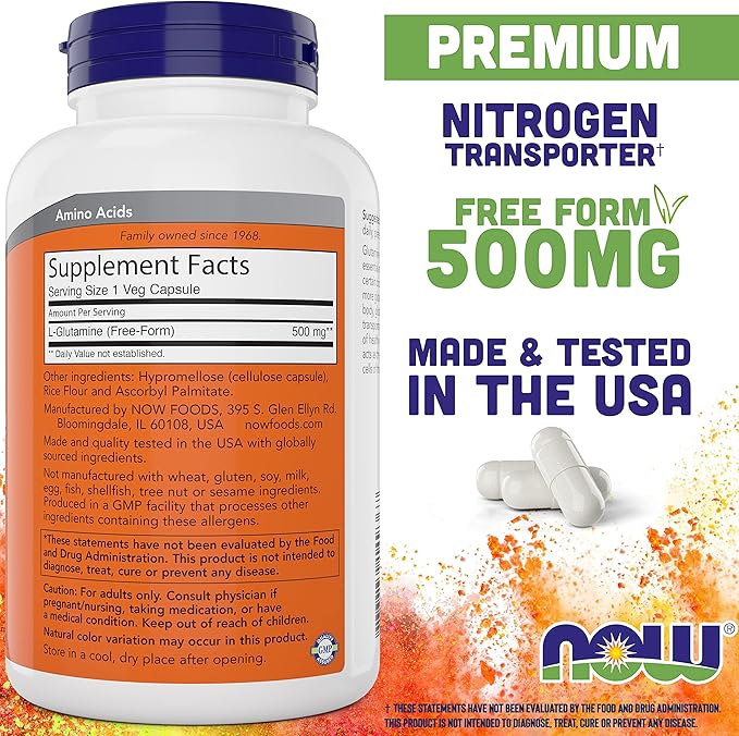 Now L-Glutamine 500mg 300 Veg Capsules - Non-GMO Supplement - Vegan Lglutamine Caps
