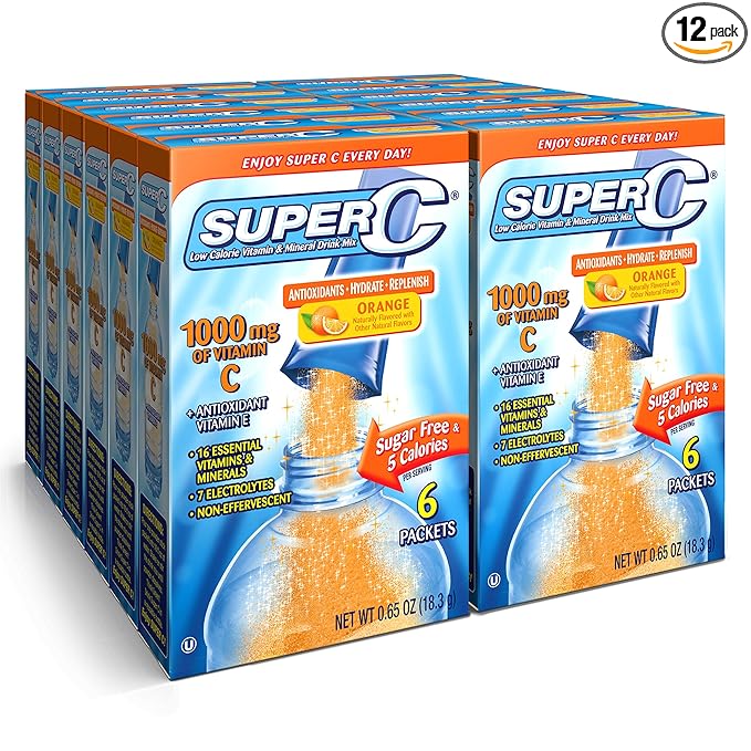 Super C Vitamin & Mineral Drink Mix, Orange, 6 CT Singles To Go, Pack Of 12 (72 Total Packets)