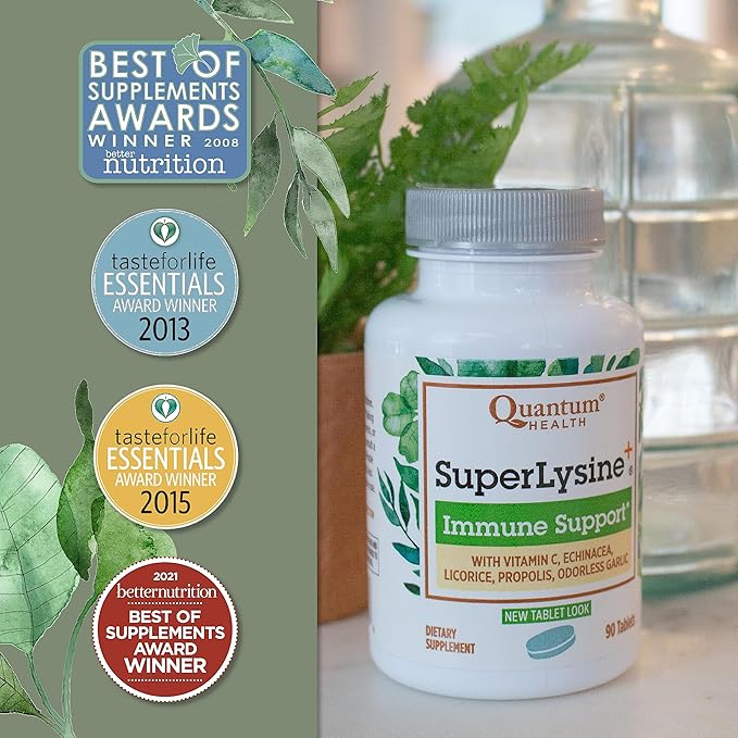 Quantum Health Super Lysine+ / Advanced Formula Lysine+ Immune Support with Vitamin C, Echinacea, Licorice, Propolis, Odorless Garlic (90 Tablets)