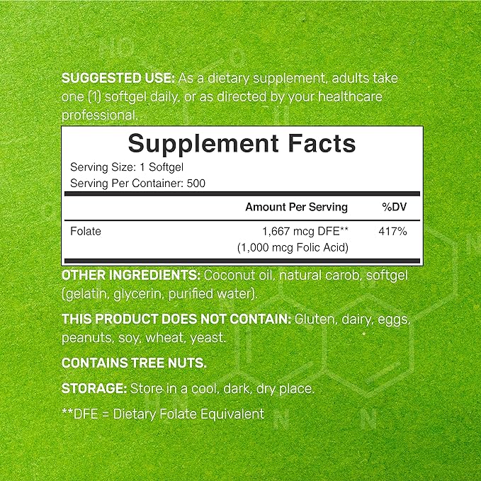 DEAL SUPPLEMENT Folic Acid 1000 mcg (1 mg), 500 Coconut Oil Softgels | Bioavailable Prenatal Vitamins (Vitamin B9) – 1,667 mcg DFE – Easy to Swallow, Non-GMO, & No Gluten