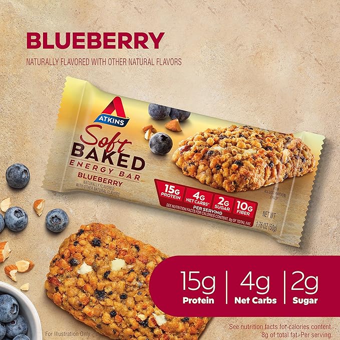 Atkins Blueberry Soft Baked & Greek Yogurt Protein Meal Bars, 15g Protein, 2-3g Sugar, High Fiber, Low Carb, 4 Packs (20 Bars) & 5 Count