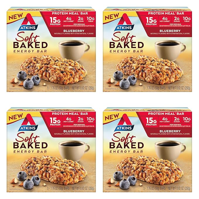 Atkins Blueberry Soft Baked & Greek Yogurt Protein Meal Bars, 15g Protein, 2-3g Sugar, High Fiber, Low Carb, 4 Packs (20 Bars) & 5 Count