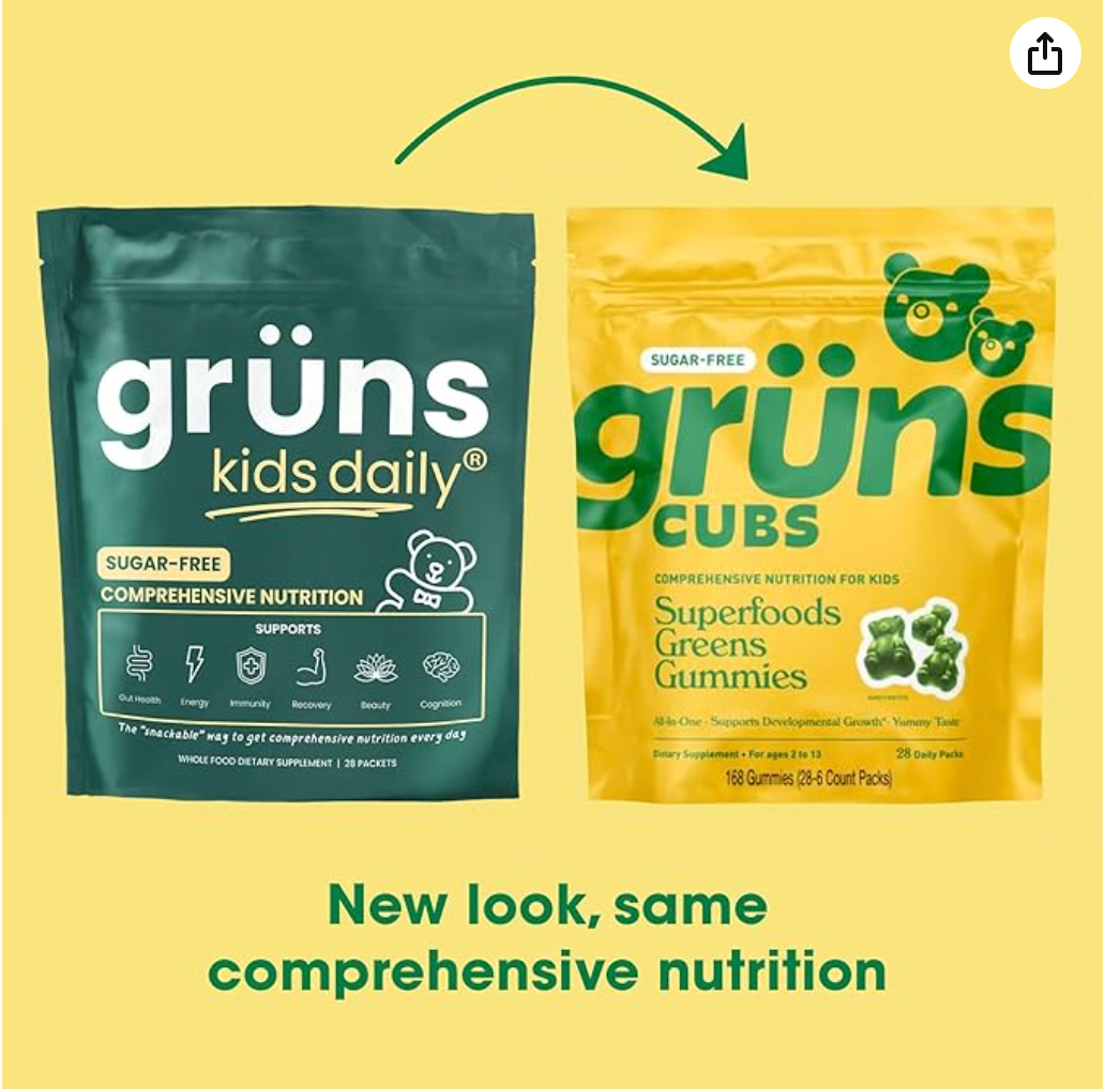 Gruns Kids Super Greens Gummies, Sugar-Free - Superfood Gummy Bears with Spirulina, Chlorella & Prebiotics for Digestive Health - Adaptogens Supplement with 20 Vitamins & Minerals - 1 Month Supply