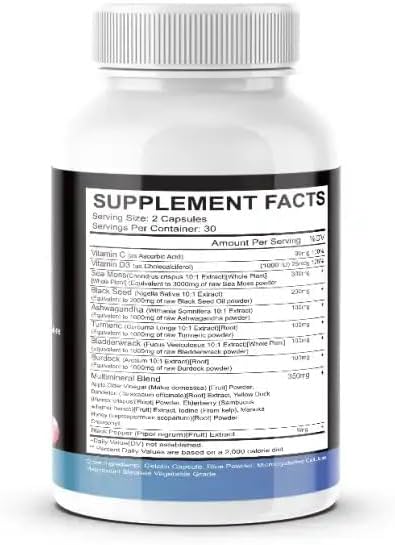 Sea Moss 3000mg Black Seed Oil 2000mg Ashwagandha 1000mg Turmeric 1000mg Bladderwrack 1000mg Burdock 1000mg & Vitamin C & D3 with Elderberry VitalBlends