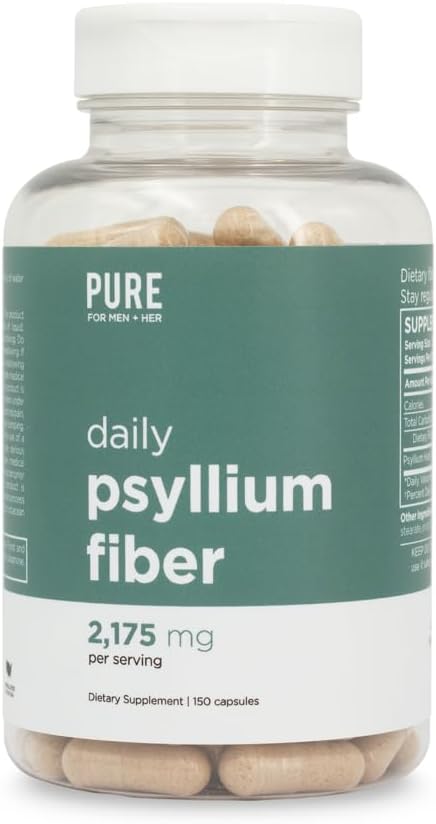 Daily Psyllium Husk Fiber Supplement by Pure for Men & Pure for Her | Digestive Regularity & Gut Health Support | Soluble Fiber Powder, 2,175mg Per Serving | 150 Capsules
