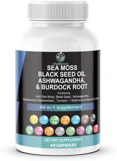 Sea Moss 3000mg Black Seed Oil 2000mg Ashwagandha 1000mg Turmeric 1000mg Bladderwrack 1000mg Burdock 1000mg & Vitamin C & D3 with Elderberry VitalBlends