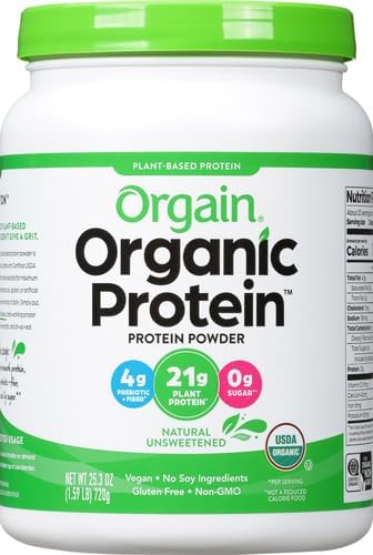 Orgain Organic Vegan Protein Powder, Natural Unsweetened - 21g of Plant Protein, 4g Prebiotic Fiber, Low Net Carbs, No Lactose Ingredients, No Added Sugar, Non-GMO, For Shakes & Smoothies, 1.59 lb