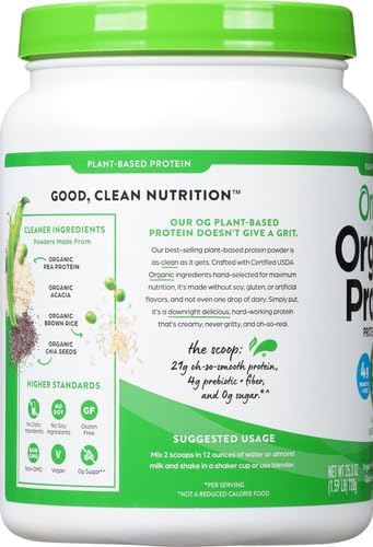 Orgain Organic Vegan Protein Powder, Natural Unsweetened - 21g of Plant Protein, 4g Prebiotic Fiber, Low Net Carbs, No Lactose Ingredients, No Added Sugar, Non-GMO, For Shakes & Smoothies, 1.59 lb