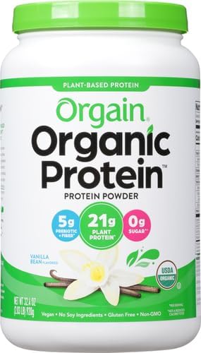 Orgain Organic Vegan Protein Powder, Vanilla Bean - 21g Plant Protein, 6g Prebiotic Fiber, No Lactose Ingredients, No Added Sugar, Non-GMO, For Shakes & Smoothies, 2.03 lb (Packaging May Vary)