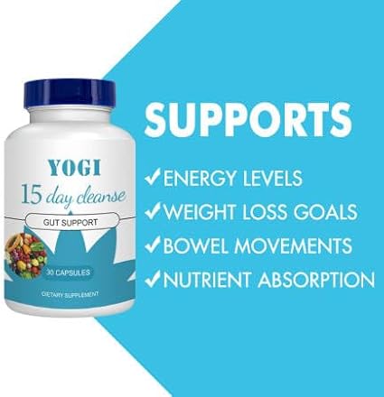 15 Day Cleanse - Gut and Colon Support, Advanced Gut Cleanse Detox with Senna, Cascara Sagrada & Psyllium Husk, 30 Capsules, Yogi, Cleanse capsules, cleanse support, White/Blue